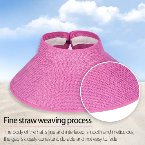 Women Sun Visors Foldable Straw Hats Summer Beach Packable Hat Floppy Wide Brim Cap Deep Style, Adjustable Size - color: Rose Red Black