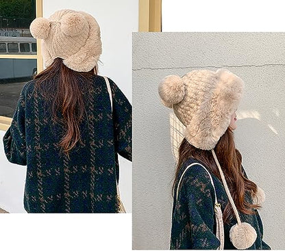 Winter Pompom Beanie Hats Women Knit Womens Beanie Faux Fur Crochet Skull Cap Warm Bucket Outdoor Ear Cover - color: Beige