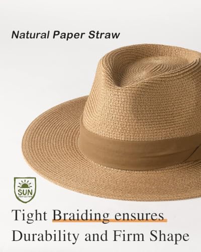 FURTALK Sun Hat Wide Brim Straw Fedora Panama Beach for Men Women - color: Brown, size: Medium-Large