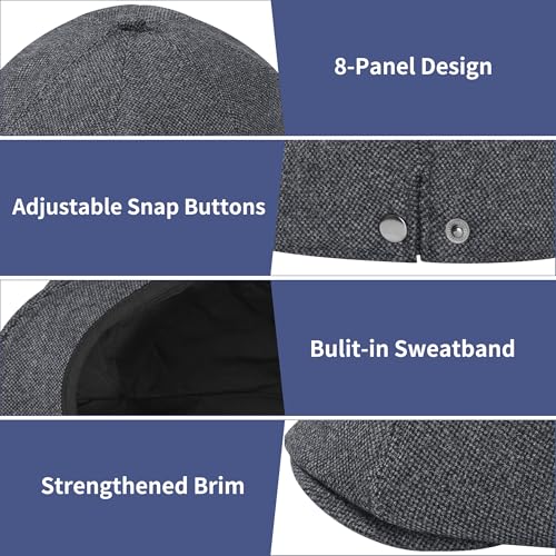 Men's Wool Blend Newsboy Cap Adjustable Gatsby Ivy Newsies Cabbie Hat Classic 8 Panel Tweed Flat Winter Hat - color: Plaid Darkgrey_1, size: Medium