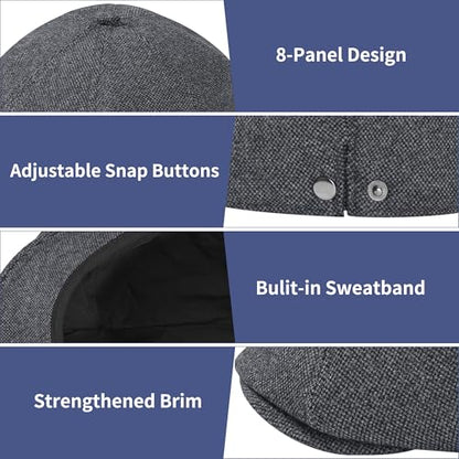 Men's Wool Blend Newsboy Cap Adjustable Gatsby Ivy Newsies Cabbie Hat Classic 8 Panel Tweed Flat Winter Hat - color: Plaid Darkgrey_1, size: Medium