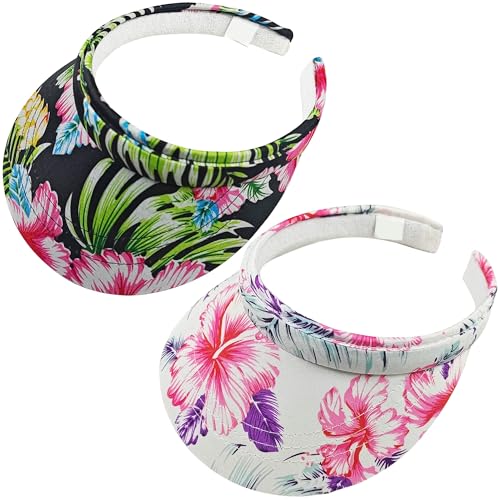 2 Pack Visor Women Men Sun Hat Clip On Visors Adjustable Sport Wide Brim Cap - color: White Flowers, Black Flowers