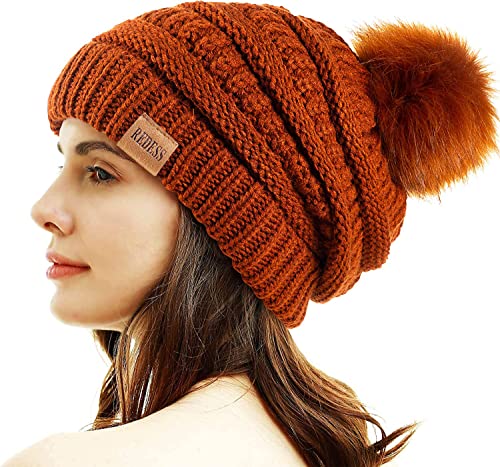 REDESS Women Winter Pom Pom Beanie Hat with Warm Fleece Lined - color: Brown