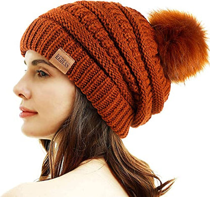 REDESS Women Winter Pom Pom Beanie Hat with Warm Fleece Lined - color: Brown