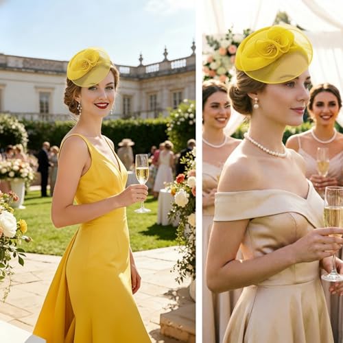 DRESHOW Fascinator Hats for Women Cocktail Tea Party Hat Netted Pillbox Hat Vintage Derby Hats for Bridal Wedding - color: Pillbox Hat: Yellow
