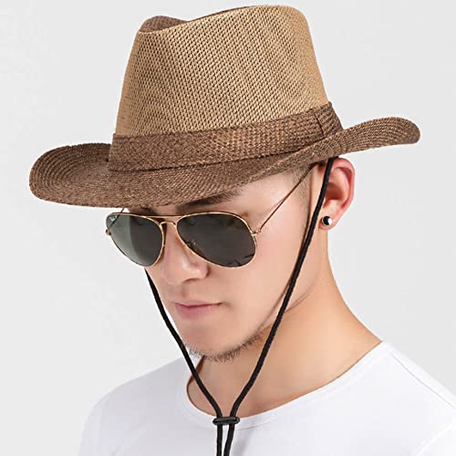 Wide Brim Straw Panama Hat Fedora Beach Sun Hat UPF50+ Unisex Fishing Hats - color: Brown