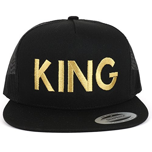 Trendy Apparel Shop King Gold Embroidered 5 Panel Flat Bill Mesh Cap - Black