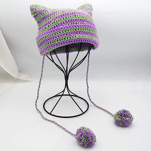 XYIYI Crochet Hats for Women Fox Knit Hat with Pompoms Grunge Goth Accessories Slouchy Beanies for Women Girls - color: Purple Green