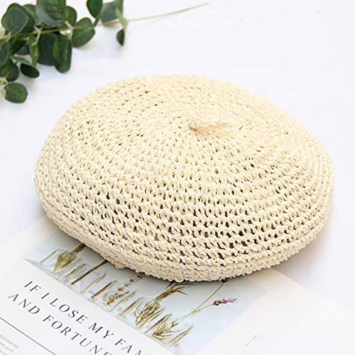 Women Summer Straw Woven Sunhat Classic Beret Artist Painter Sun Hat Cap - color: White