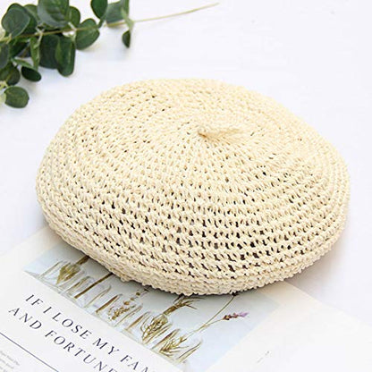 Women Summer Straw Woven Sunhat Classic Beret Artist Painter Sun Hat Cap - color: White