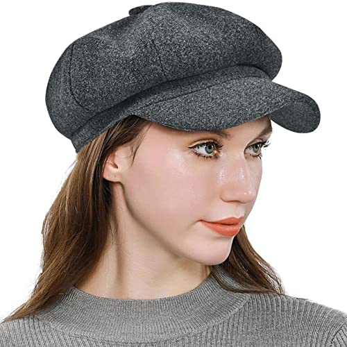 Women’s Newsboy Cap Wool Blend Retro Solid Color Girls Fashion Gatsby Cabbie Visor Beret Hat - color: Grey