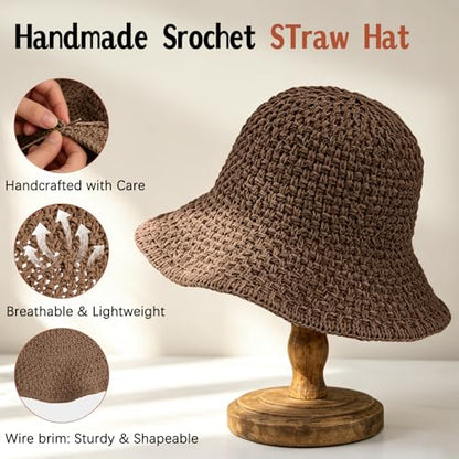 Sun Hat for Women Summer Straw Beach Hats Bucket Hat Floppy Crochet Hat - color: Coffee