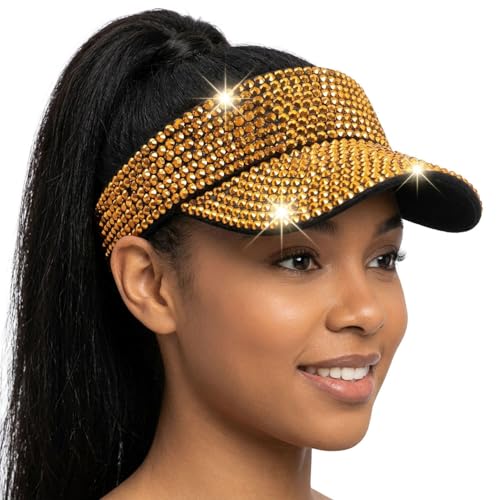 Women Shiny Rhinestone Bling Sun Visor Adjustable Tennis Beach Ponytail Hat - color: Black Hat+gold Rhinestone