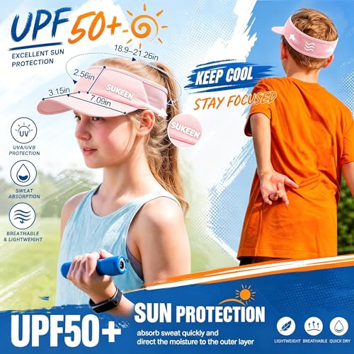 Sukeen Kids Sun Visor Hat for Girls Boys UPF50+ Lightweight Cooling Stretchable Packable Sun Hat - color: Pink