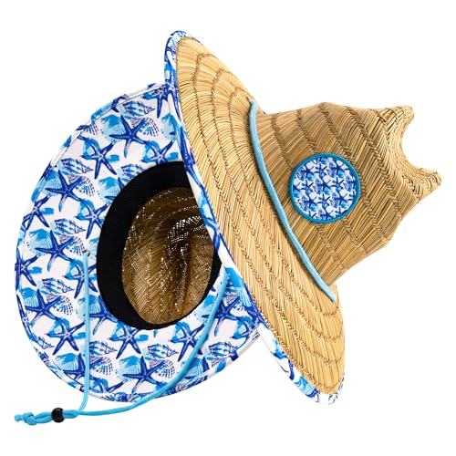 grinderPUNCH Straw Sun Hat for Men Women Wide Brim Beach Fishing UPF 50 - color: White & Blue Floral