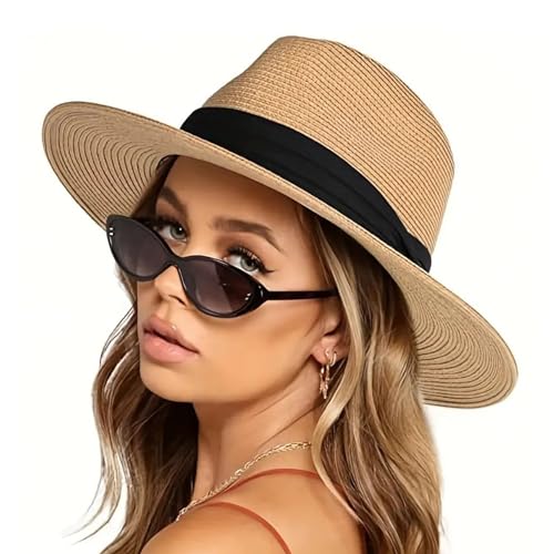 Womens Mens Wide Brim Straw Panama Hat Beach Sun Hat Summer Wide Brim Straw Roll up Hat Fisherman's UPF 50 - color: Khaki