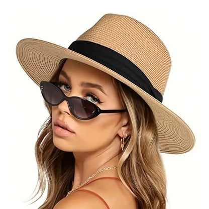 Womens Mens Wide Brim Straw Panama Hat Beach Sun Hat Summer Wide Brim Straw Roll up Hat Fisherman's UPF 50 - color: Khaki
