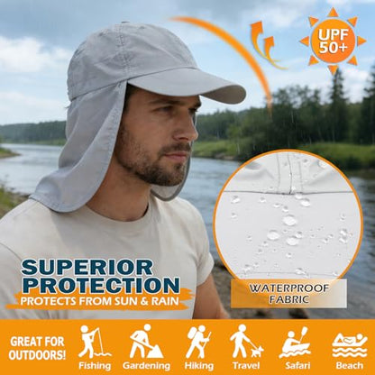 Baseball Sun Cap with Neck Flap, UPF 50+ Waterproof Sun Hat for Men Women - color: Light Grey