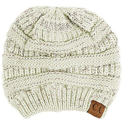 CC Classic Winter Fall Trendy Chunky Stretchy Cable Knit Beanie Hat - color: Metallic Ivory/Silver