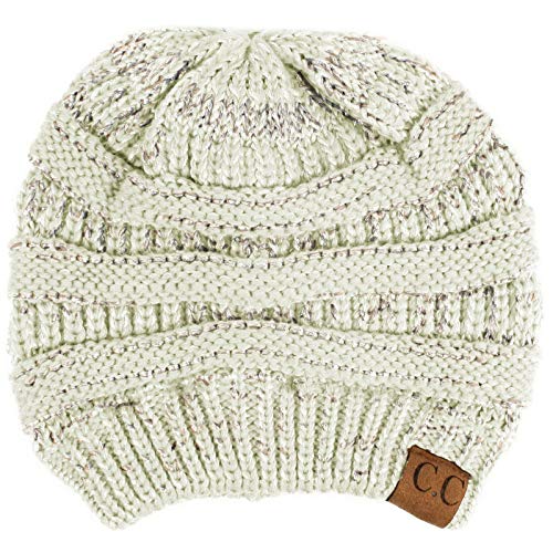 CC Classic Winter Fall Trendy Chunky Stretchy Cable Knit Beanie Hat - color: Metallic Ivory/Silver