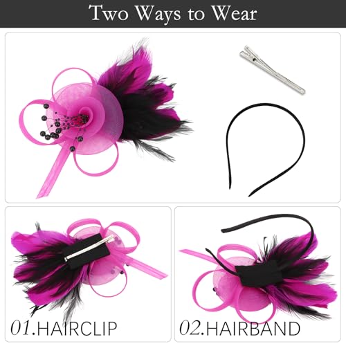 AMCAMI Fascinators Hats with Feather for Women 2026 Derby Hats Small Tea Party Hat with Headband - color: Rose Red &Black