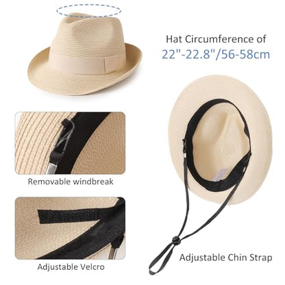 DRESHOW Women Straw Panama Hat Travel Fedora Beach Sun Hat Summer Wide Brim Straw Roll up Hat UPF 50+ - color: 1 Pc Roll Up Hat: Beige + 2 Replaceable Bands