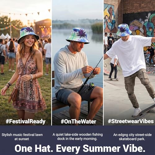 ZLYC Printed Bucket Hat for Women Men Packable Summer Sun Hat for Beach - color: Palm Tree Print