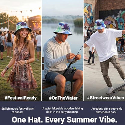 ZLYC Printed Bucket Hat for Women Men Packable Summer Sun Hat for Beach - color: Palm Tree Print