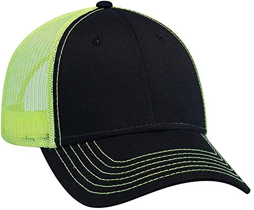 Ashen Fane 6 Panel Low Profile Contrast Vertical Mesh Back Snapback Hat - color: Blk/Blk/N.ylw