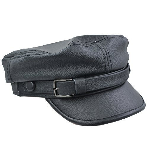 Unisex Genuine Leather Greek Fisherman Sailor Fiddler Driver Hat Flat Cap - color: Black, size: X-Large