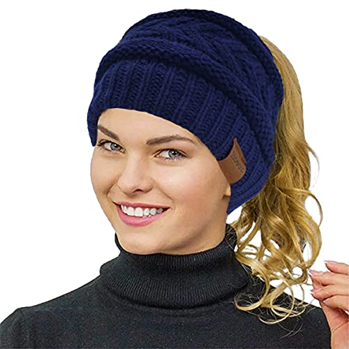 Rosoz 2 Pack Ponytail Beanie for Women,Winter Warm Beanie Tail Soft Stretch Cable Knit Messy High Bun Hat - color: 1pack-dark Blue