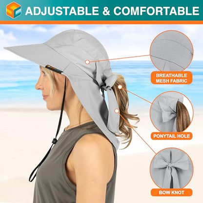 SUN CUBE Wide Brim Sun Hat with Neck Flap for Men Women, UPF50+ Fishing - color: Light Grey With Bow