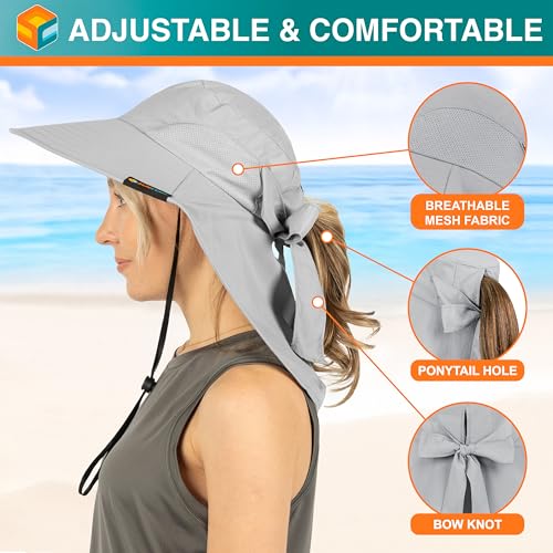 SUN CUBE Wide Brim Sun Hat with Neck Flap for Men Women, UPF50+ Fishing - color: Light Grey With Bow