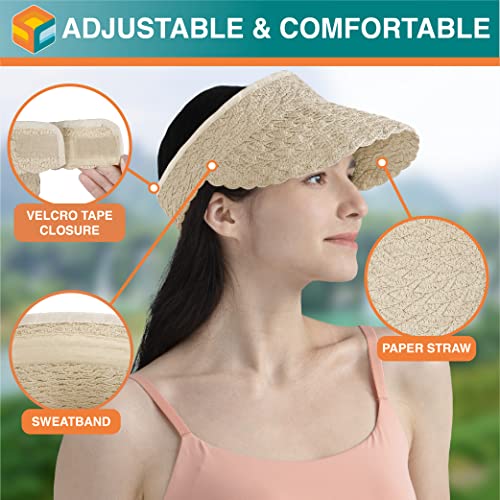 SUN CUBE Women Sun Visor Hat, Straw Beach Hat Wide Brim UV Protection, Foldable Packable Cap, Roll Up Ponytail Summer Visor - color: Beige