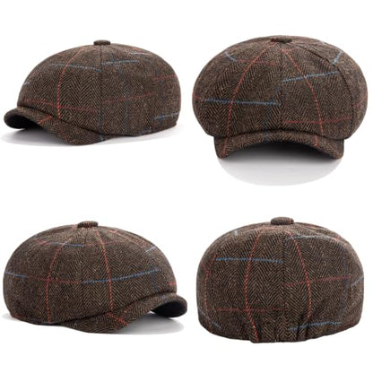 Men's Wool Newsboy Cap 8-Panel Tweed Taxi Hat Herringbone Gatsby Flat Hats - color: E-coffee