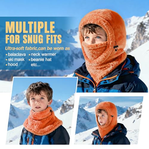 Ski Mask Kids Balaclava, Winter Ski Face Mask Cover, Fleece Hats for Kids - color: Orange