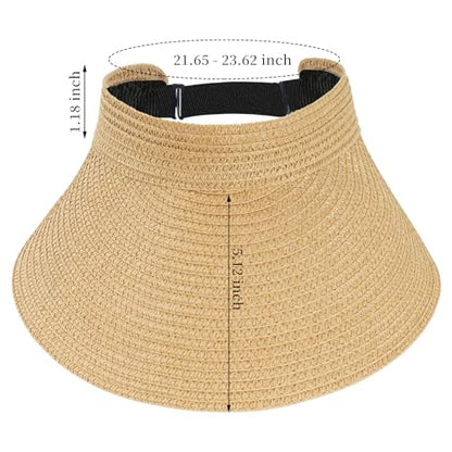 Straw Sun Visors Womens, Ponytail Beach Straw Visor, Packable Summer Sun Hats for Women Travel - color: Khaki
