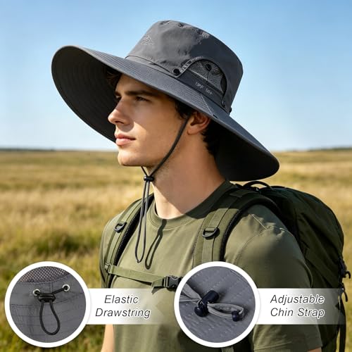 Mens Sun Hat Wide Brim Sun Hats for Men UV Protection Waterproof Bucket Hat - color: Dark Grey
