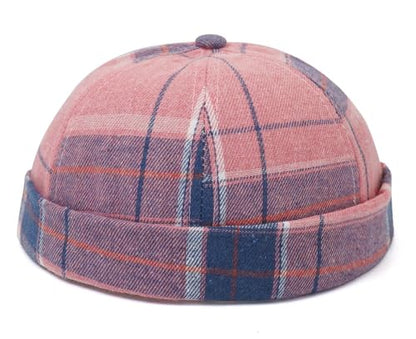 DIYDECAL Striped Plaid Brimless Worker Cap,Retro Skullcap Docker Hat for Men Womens - color: Pink