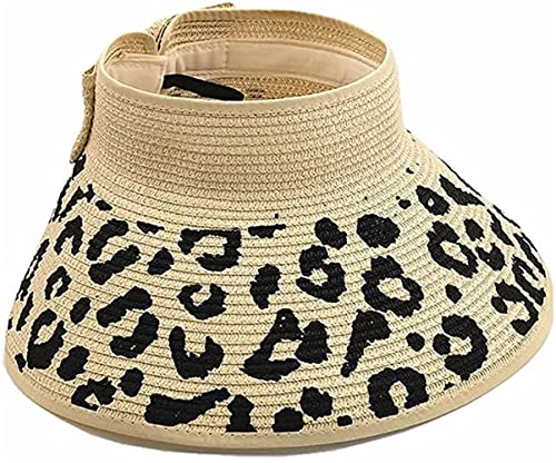 Women Sun Visors Wide Brim Foldable Packable Ponytail Beach Hat Straw Leopard Roll Up Bow Visor Sun Hats - color: Beige