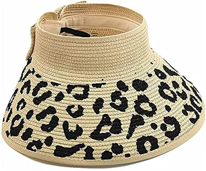 Women Sun Visors Wide Brim Foldable Packable Ponytail Beach Hat Straw Leopard Roll Up Bow Visor Sun Hats - color: Beige
