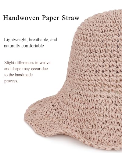 Womens Crochet Straw Sun Hat Foldable Floppy Wide Brim Beach Hat for Summer - color: Pink