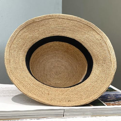Natural Raffia Straw Bucket Hat for Women Sun Beach Handmade Raffia Woven Bucket Hat Foldable Summer Cap - color: Natural Raffia ( Brim2.4“)