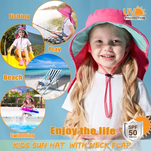 Kids Sun Hats UPF 50+ Sun Protection Hat for Kids with Neck Flap Adjustable Large Brim Beach Fishing Hat for Age 3-12 - color: Red+grey