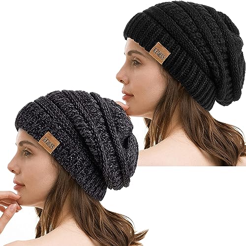 REDESS Slouchy Beanie Hat for Men and Women Winter Warm Knit Hat Chunky Soft Oversized Cable Cap - color: Black+black Grey