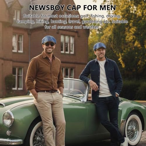 meioro Mens Denim Newsboy Hat 6 Panel Cotton Adjustable Flat Cap - color: Medium Blue