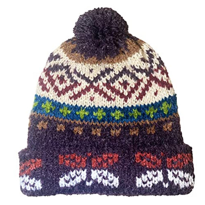 TINKUY Peru Alpaca Wool Winter Beanie, Handmade Bobble Hat, Unisex, One Size - color: Purple