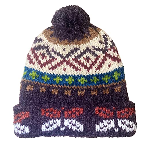 TINKUY Peru Alpaca Wool Winter Beanie, Handmade Bobble Hat, Unisex, One Size - color: Purple