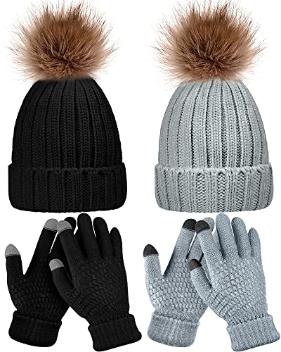 Syhood 4 Pcs Hat and Glove Set Winter Beanie and Glove Set - color: Black and Grey