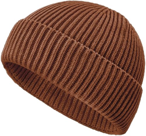 Wool Fisherman Beanies for Men Knit Fall Winter Beanie Hat Skull Cap - color: Caramel